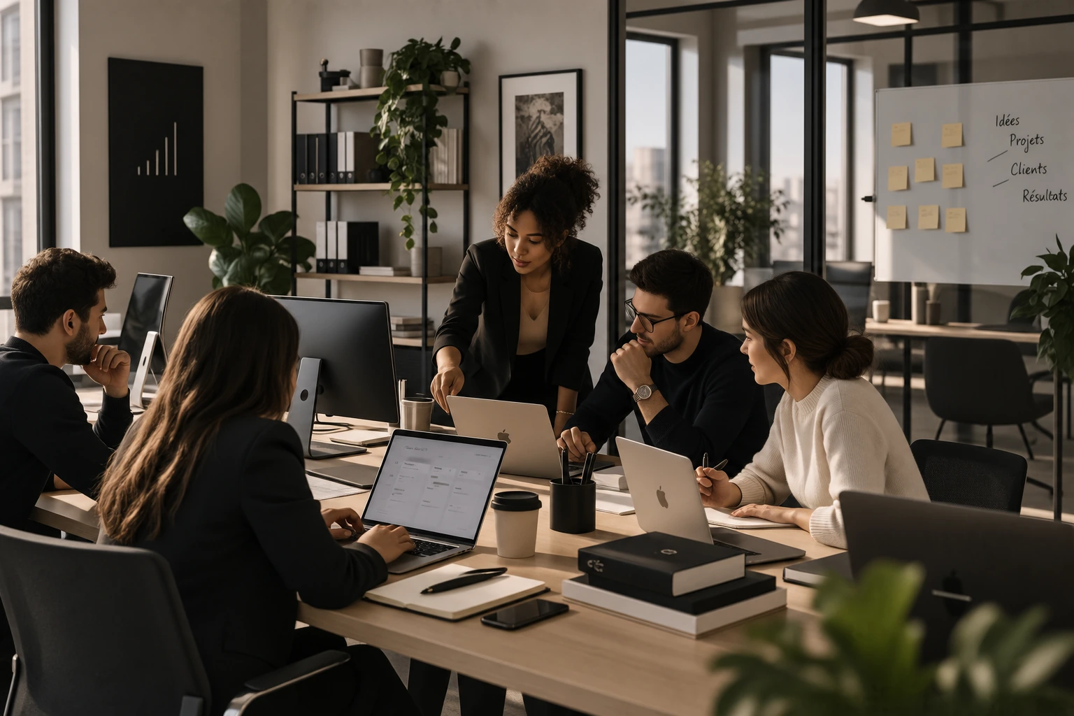 Équipe STARTLAB organisant projets et clients autour d'un système partagé
